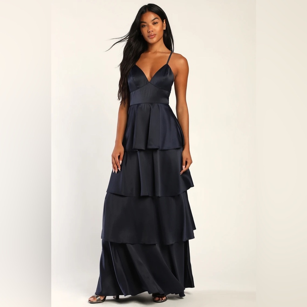 NWOT Going with Elegance Navy Blue Satin Tiered M